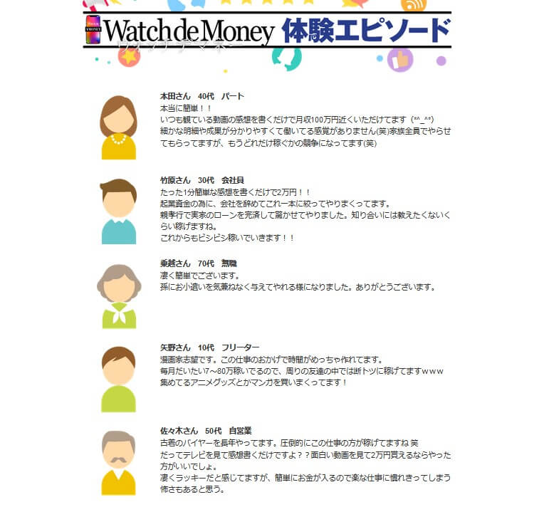 Watch de Money(ウォッチでマネー)では体験者の声も掲載されています。